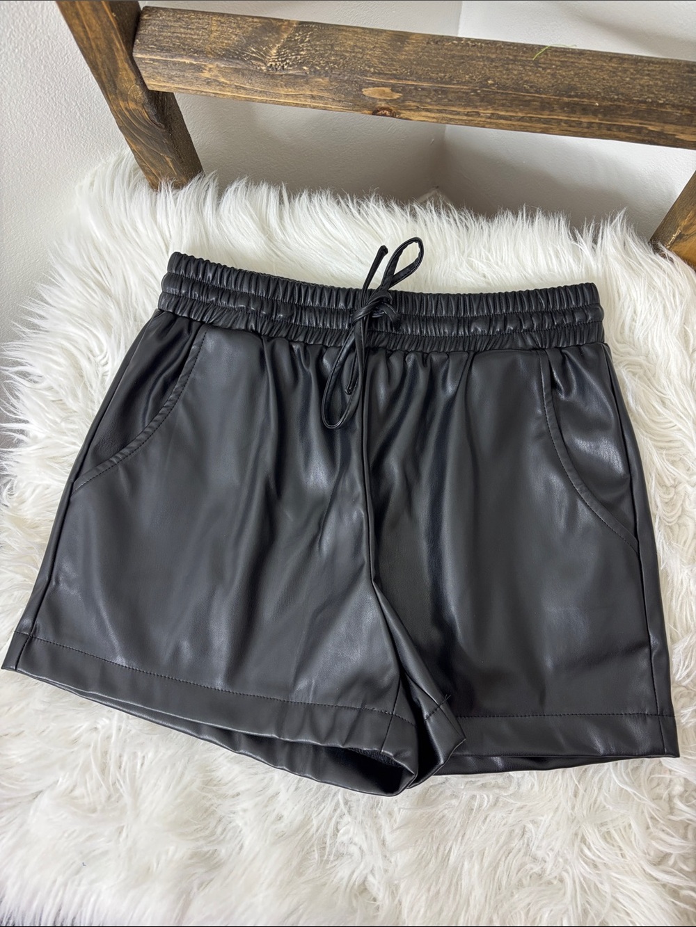 Altar'd State Black Faux Leather High Waist Drawstring Shorts Size S